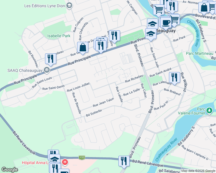 map of restaurants, bars, coffee shops, grocery stores, and more near 129 Rue De La Vérendrye in Châteauguay