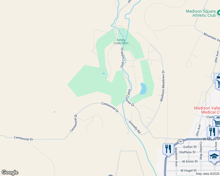 map of restaurants, bars, coffee shops, grocery stores, and more near 40 Centennial Drive in Ennis