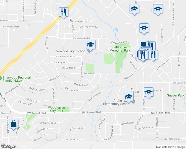 map of restaurants, bars, coffee shops, grocery stores, and more near 16813 SW Cobblestone Dr in Sherwood