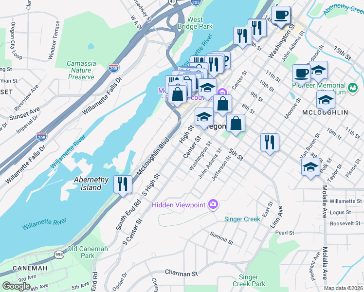 map of restaurants, bars, coffee shops, grocery stores, and more near 308 High Street in Oregon City