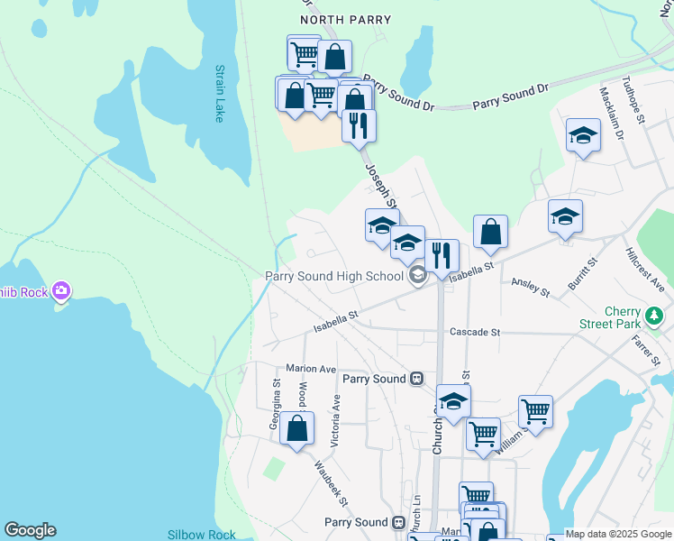 map of restaurants, bars, coffee shops, grocery stores, and more near 18 Winnifred Avenue in Parry Sound