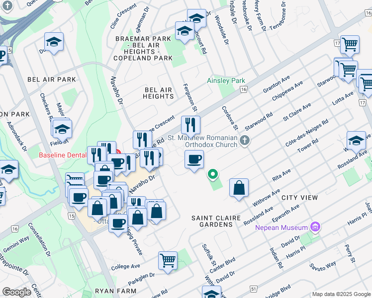map of restaurants, bars, coffee shops, grocery stores, and more near 10 Deerfield Drive in Ottawa