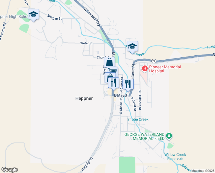 map of restaurants, bars, coffee shops, grocery stores, and more near in Heppner