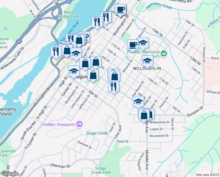 map of restaurants, bars, coffee shops, grocery stores, and more near 601 Monroe Street in Oregon City