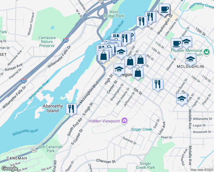 map of restaurants, bars, coffee shops, grocery stores, and more near 310 Center Street in Oregon City