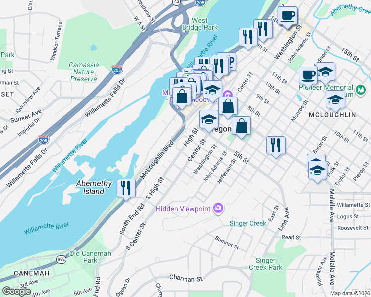 map of restaurants, bars, coffee shops, grocery stores, and more near 244 High Street in Oregon City