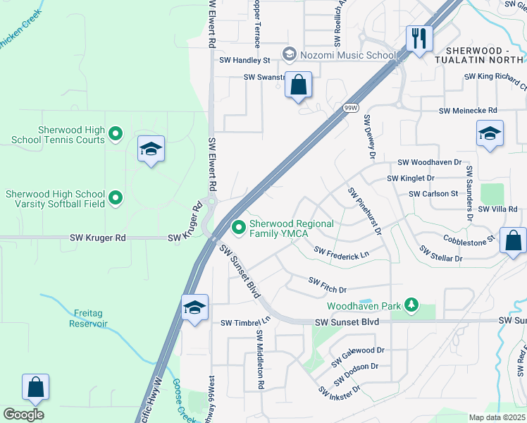 map of restaurants, bars, coffee shops, grocery stores, and more near 22814 Southwest Forest Creek Drive in Sherwood