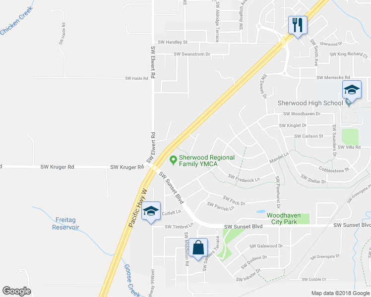 map of restaurants, bars, coffee shops, grocery stores, and more near 22814 Southwest Forest Creek Drive in Sherwood