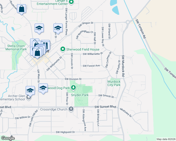 map of restaurants, bars, coffee shops, grocery stores, and more near 22874 Southwest Martin Court in Sherwood