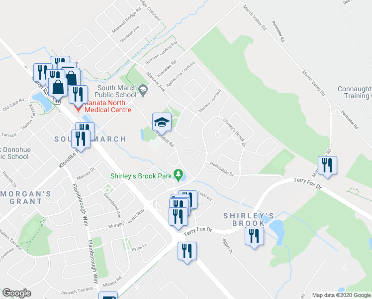 map of restaurants, bars, coffee shops, grocery stores, and more near 135 Kinross Private in Ottawa
