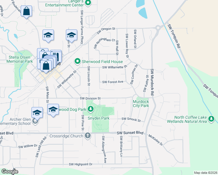 map of restaurants, bars, coffee shops, grocery stores, and more near 22874 Southwest Martin Court in Sherwood