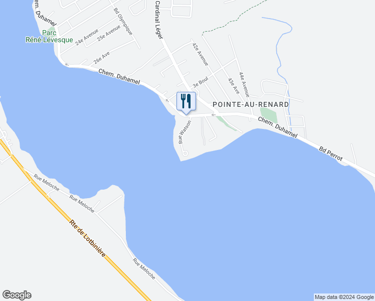 map of restaurants, bars, coffee shops, grocery stores, and more near 30 Rue Watson in Pincourt