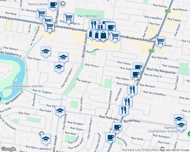 map of restaurants, bars, coffee shops, grocery stores, and more near 81 Rue d'Oxford in Châteauguay