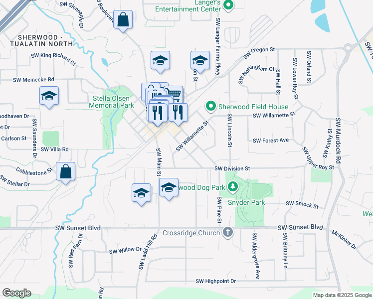 map of restaurants, bars, coffee shops, grocery stores, and more near 15885 Southwest Tualatin Street in Sherwood