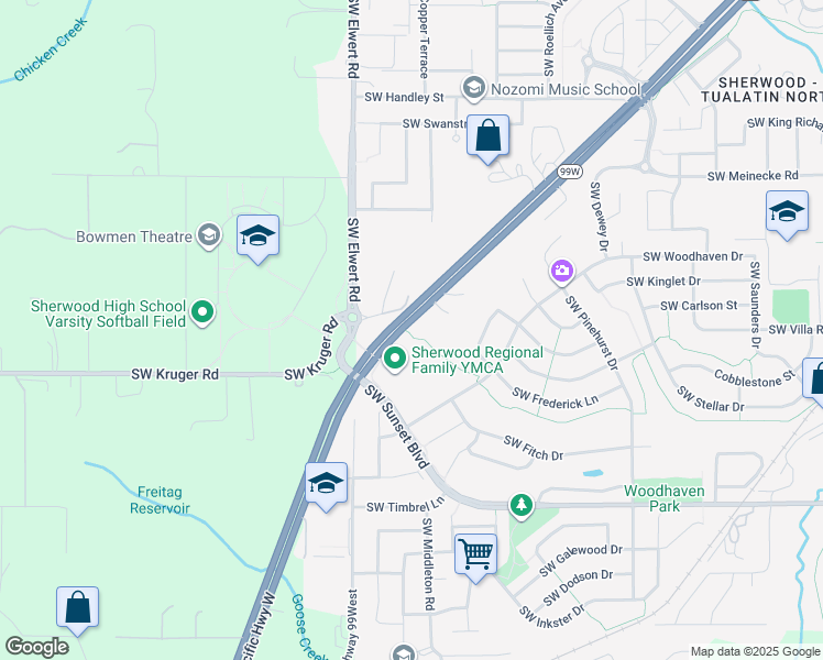 map of restaurants, bars, coffee shops, grocery stores, and more near 22814 Southwest Forest Creek Drive in Sherwood