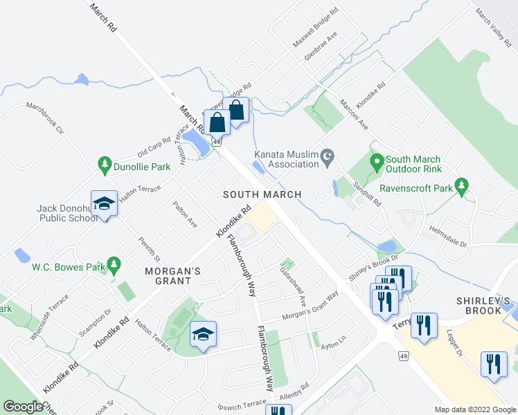 map of restaurants, bars, coffee shops, grocery stores, and more near 1102 Klondike Road in Ottawa