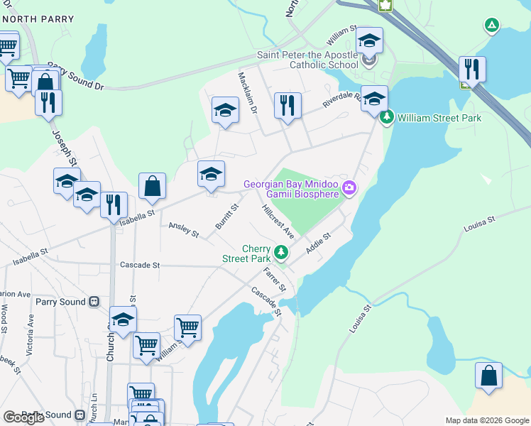 map of restaurants, bars, coffee shops, grocery stores, and more near 16 Hillcrest Avenue in Parry Sound