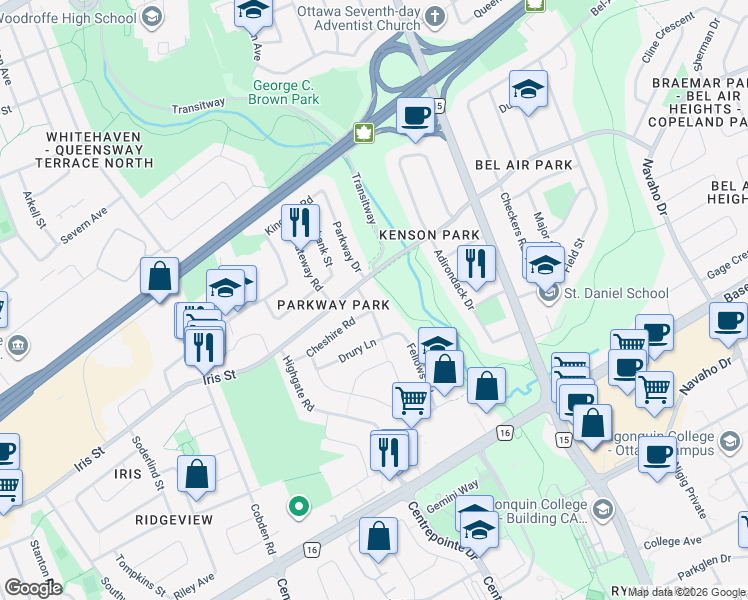 map of restaurants, bars, coffee shops, grocery stores, and more near 1219 Parkway Drive in Ottawa