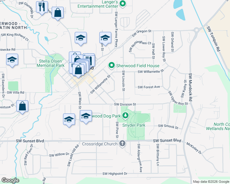 map of restaurants, bars, coffee shops, grocery stores, and more near 22834 Southwest HIghland Drive in Sherwood