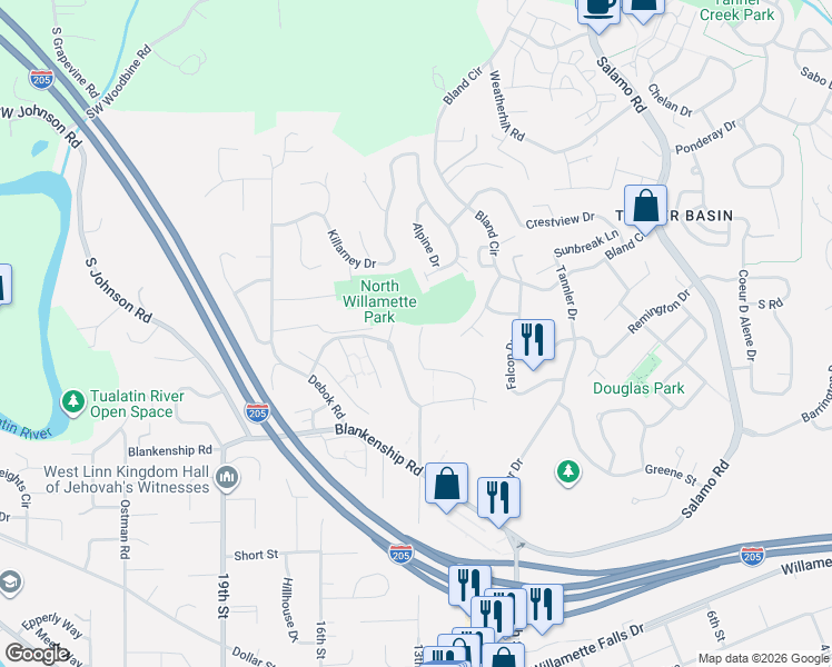 map of restaurants, bars, coffee shops, grocery stores, and more near 6840 Summerlinn Way in West Linn
