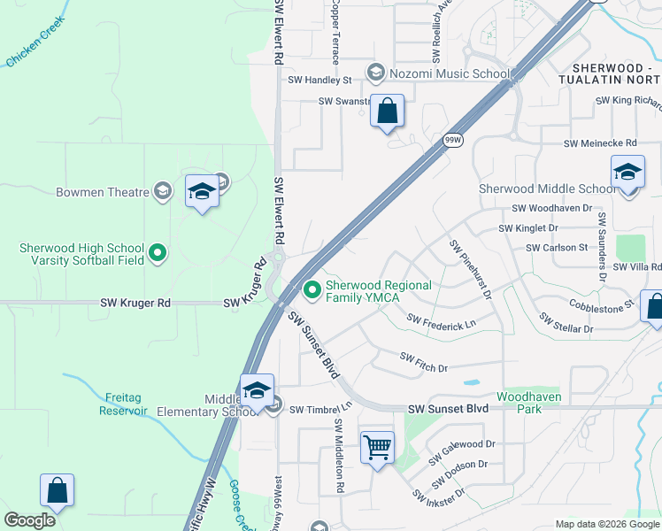 map of restaurants, bars, coffee shops, grocery stores, and more near 22814 Southwest Forest Creek Drive in Sherwood