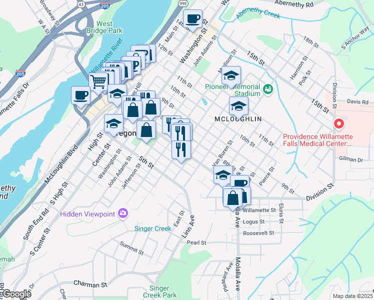 map of restaurants, bars, coffee shops, grocery stores, and more near 1009 7th Street in Oregon City