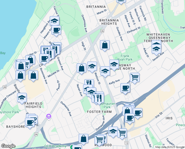 map of restaurants, bars, coffee shops, grocery stores, and more near 930 Watson Street in Ottawa