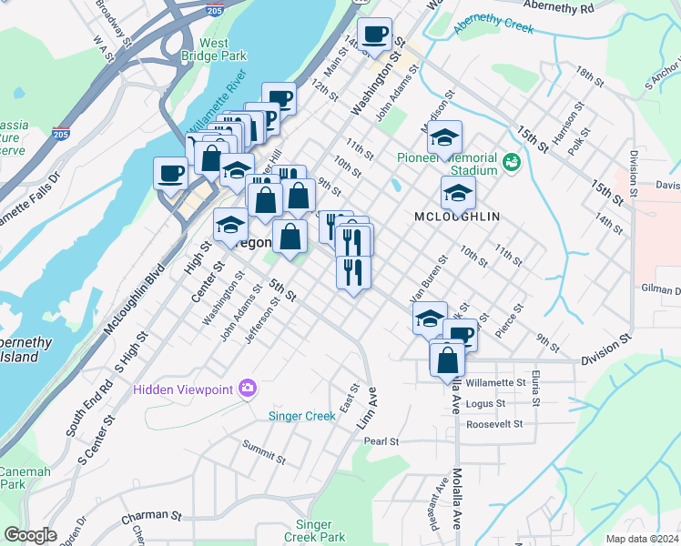 map of restaurants, bars, coffee shops, grocery stores, and more near 601 Monroe Street in Oregon City