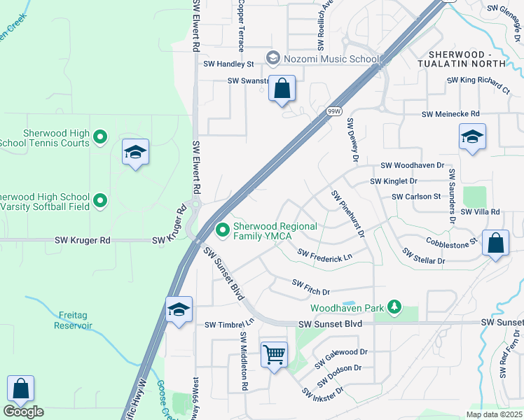 map of restaurants, bars, coffee shops, grocery stores, and more near 22862 Southwest Forest Creek Drive in Sherwood