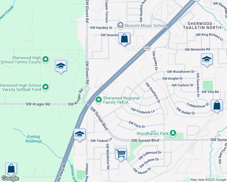 map of restaurants, bars, coffee shops, grocery stores, and more near 22862 Southwest Forest Creek Drive in Sherwood