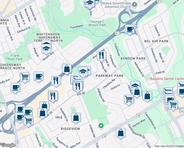 map of restaurants, bars, coffee shops, grocery stores, and more near in Ottawa