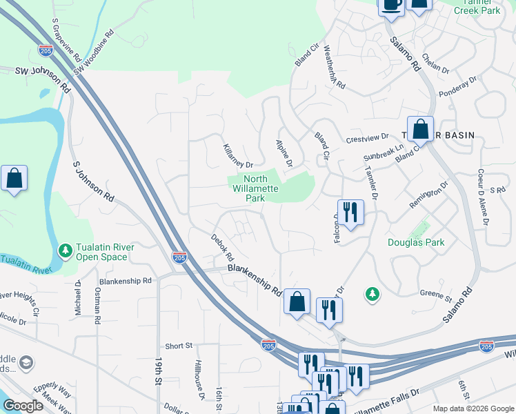 map of restaurants, bars, coffee shops, grocery stores, and more near 3604 Summerlinn Drive in West Linn