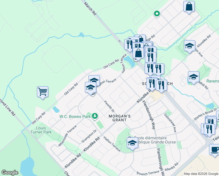 map of restaurants, bars, coffee shops, grocery stores, and more near 104 McBrien Street in Ottawa