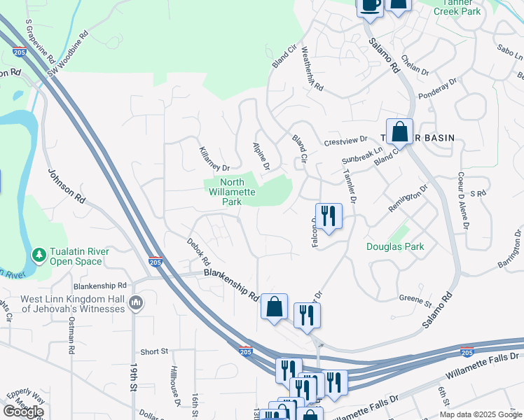 map of restaurants, bars, coffee shops, grocery stores, and more near 6735 Summerlinn Way in West Linn