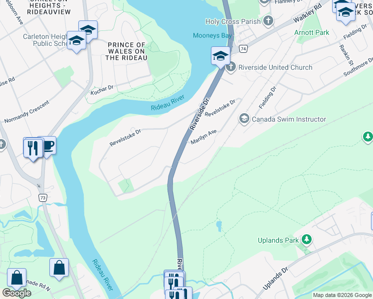 map of restaurants, bars, coffee shops, grocery stores, and more near 3339 Riverside Drive in Ottawa