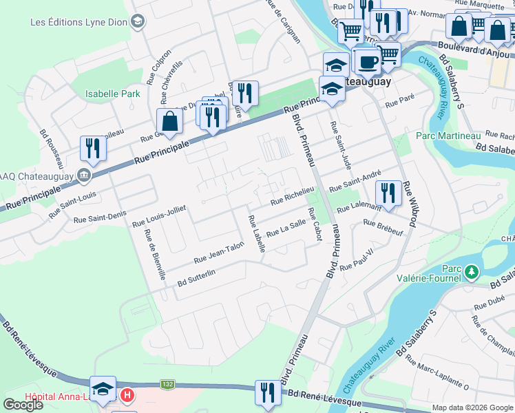 map of restaurants, bars, coffee shops, grocery stores, and more near 110 Rue Richelieu in Châteauguay