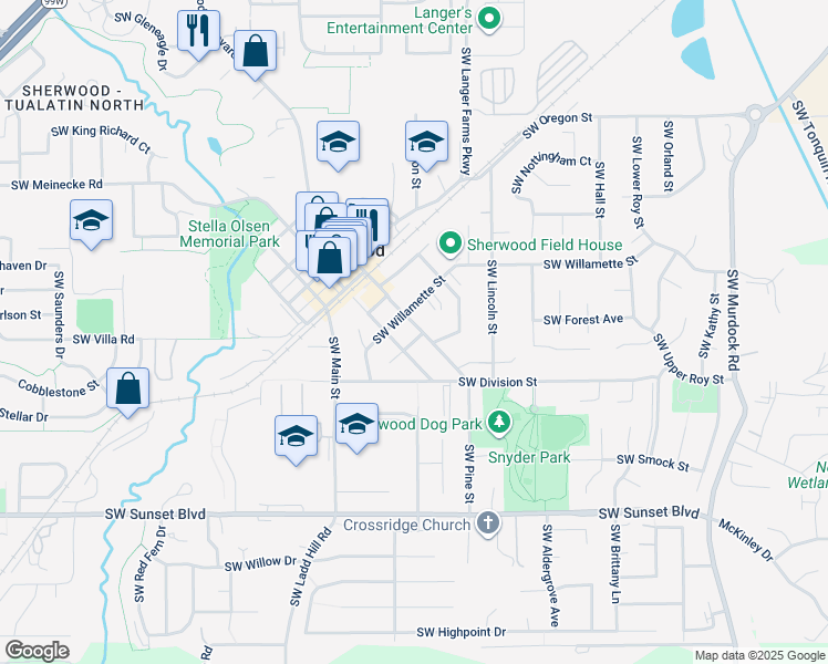 map of restaurants, bars, coffee shops, grocery stores, and more near 22944 Southwest Washington Street in Sherwood