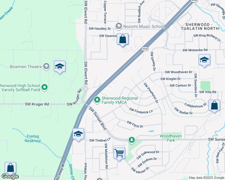 map of restaurants, bars, coffee shops, grocery stores, and more near 22862 Southwest Forest Creek Drive in Sherwood