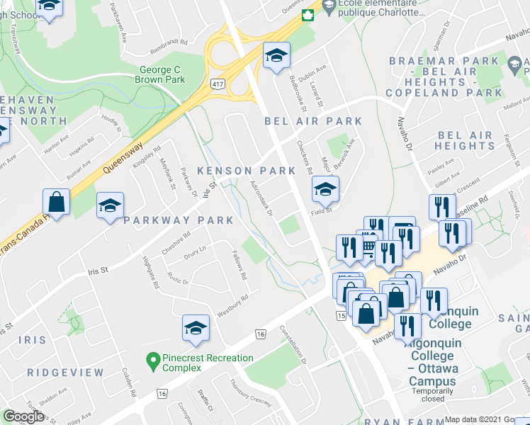 map of restaurants, bars, coffee shops, grocery stores, and more near 1266 Adirondack Drive in Ottawa