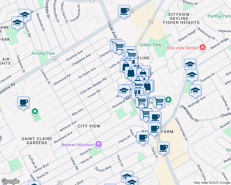 map of restaurants, bars, coffee shops, grocery stores, and more near Theberge Private in Ottawa