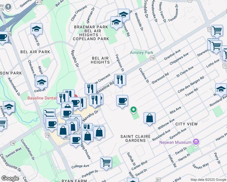 map of restaurants, bars, coffee shops, grocery stores, and more near 4 Deerfield Drive in Ottawa