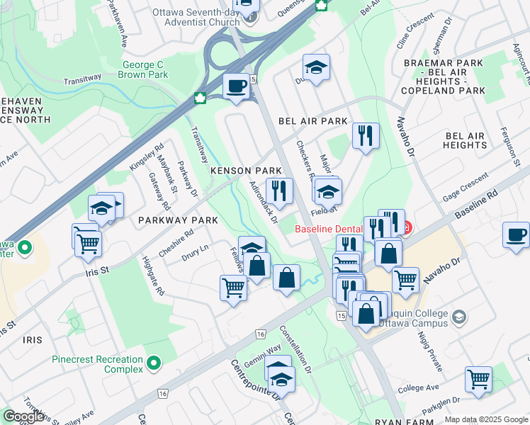 map of restaurants, bars, coffee shops, grocery stores, and more near 1240 Adirondack Drive in Ottawa