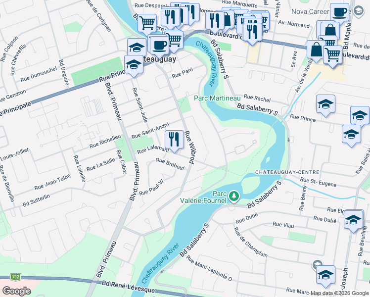 map of restaurants, bars, coffee shops, grocery stores, and more near 1 Place Lalemant in Châteauguay