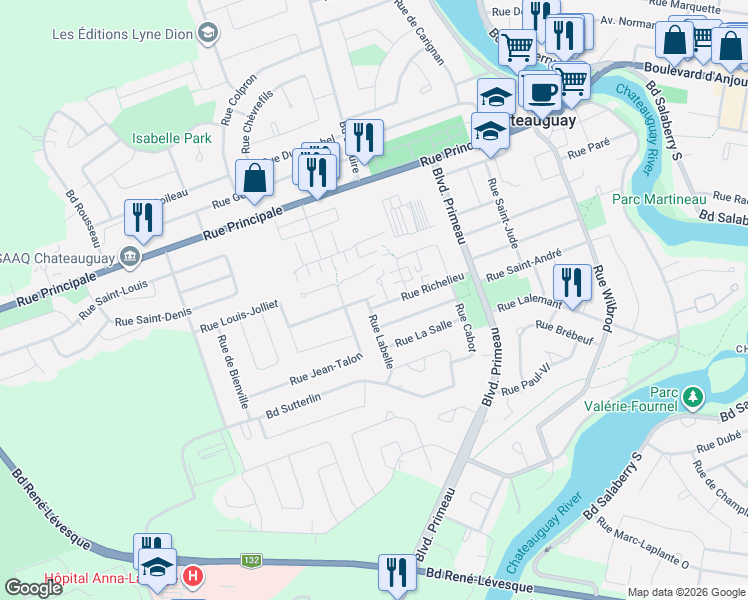 map of restaurants, bars, coffee shops, grocery stores, and more near 112 Rue Richelieu in Châteauguay