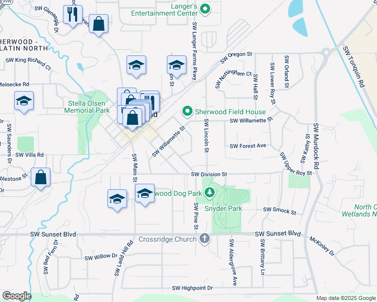 map of restaurants, bars, coffee shops, grocery stores, and more near 22805 Southwest HIghland Drive in Sherwood