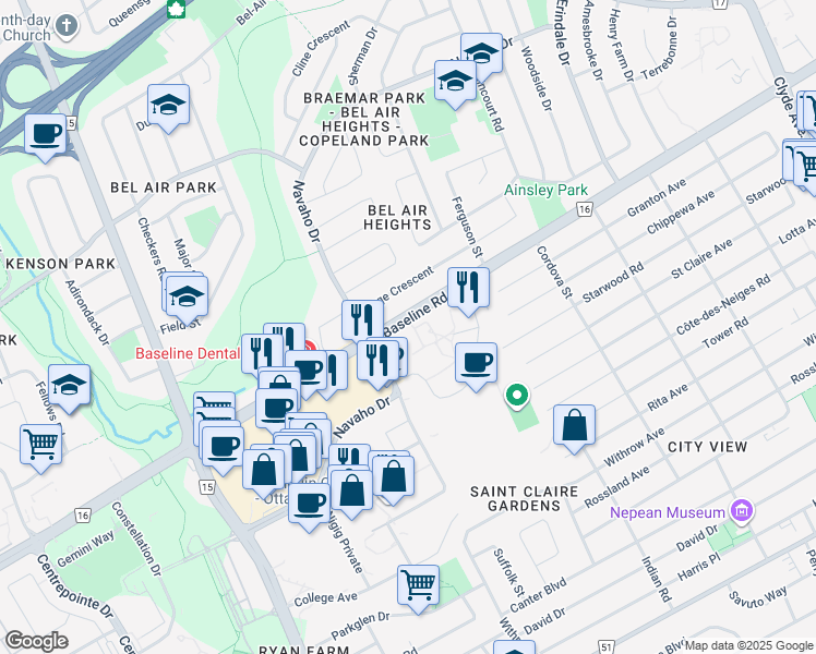 map of restaurants, bars, coffee shops, grocery stores, and more near 1814 Baseline Road in Ottawa