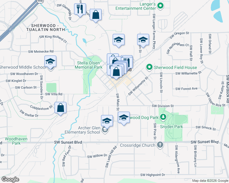 map of restaurants, bars, coffee shops, grocery stores, and more near 22813 Southwest Main Street in Sherwood