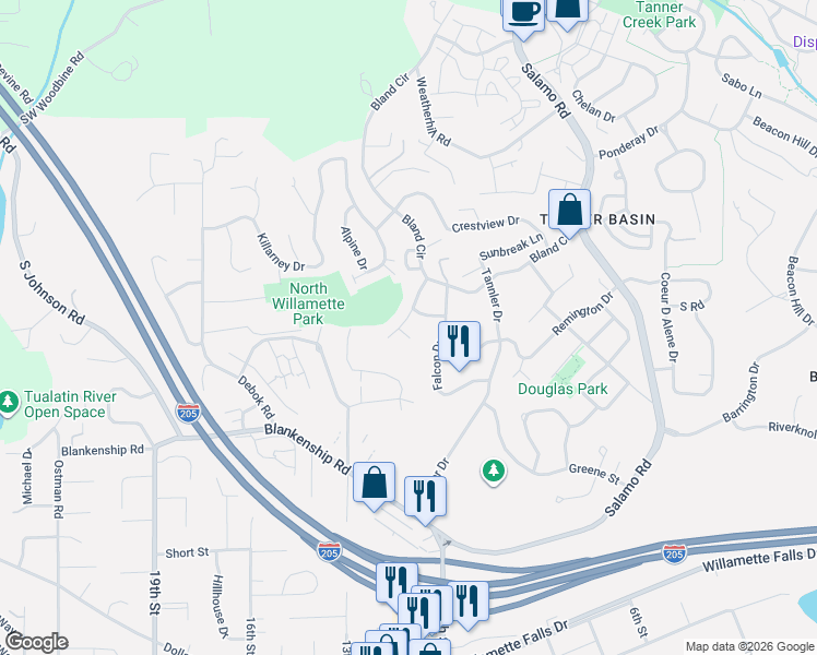 map of restaurants, bars, coffee shops, grocery stores, and more near 1910 Taylor Court in West Linn