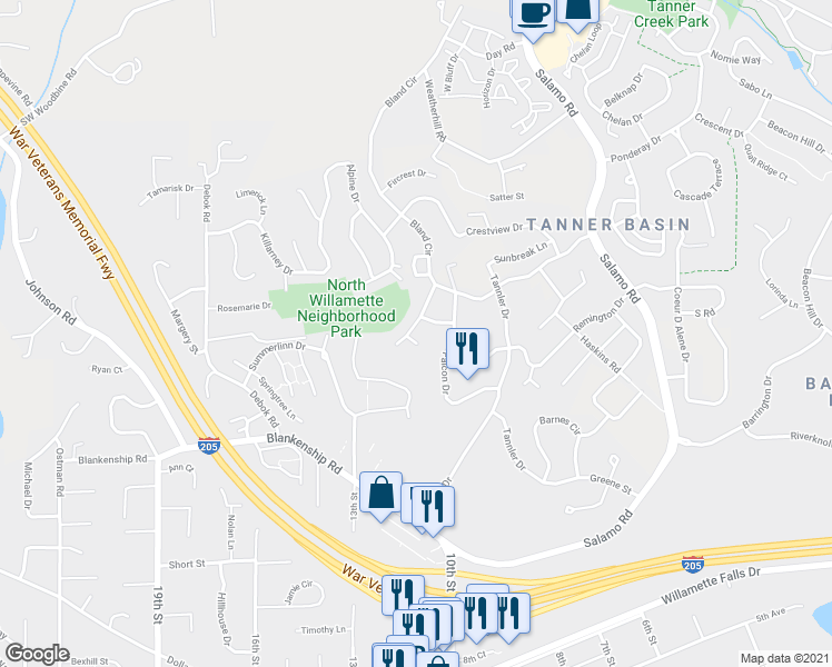 map of restaurants, bars, coffee shops, grocery stores, and more near 1910 Taylor Court in West Linn