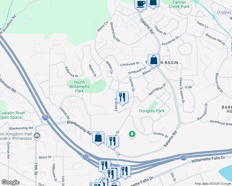map of restaurants, bars, coffee shops, grocery stores, and more near 2306 Falcon Drive in West Linn